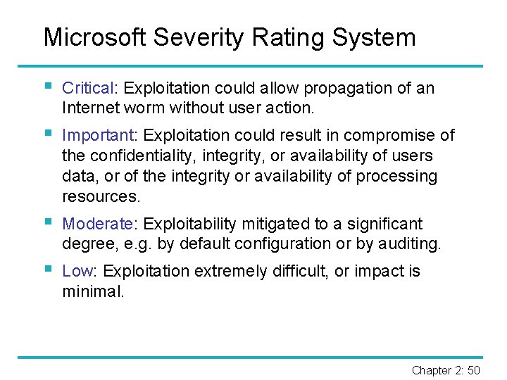 Microsoft Severity Rating System § Critical: Exploitation could allow propagation of an Internet worm