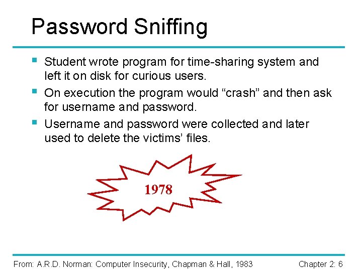 Password Sniffing § § § Student wrote program for time-sharing system and left it