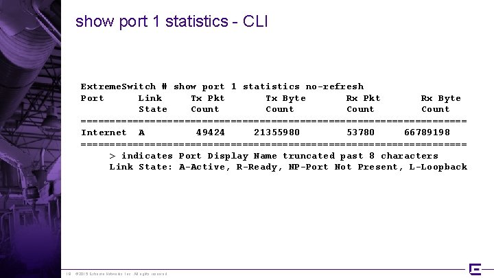 show port 1 statistics - CLI Extreme. Switch # show port 1 statistics no-refresh