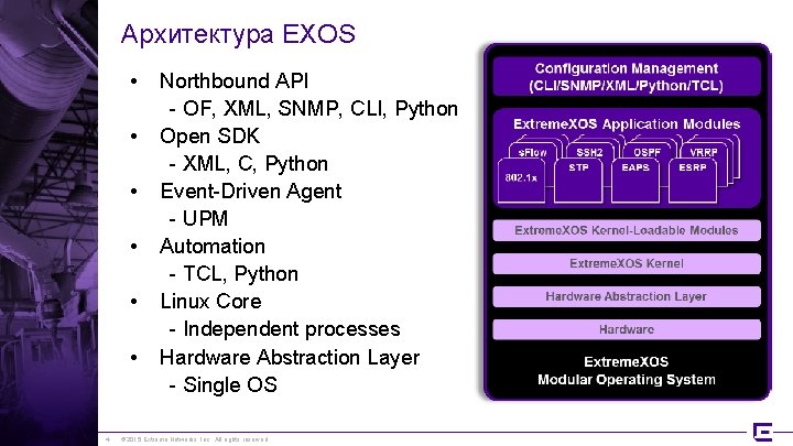 Архитектура EXOS • • • 4 Northbound API - OF, XML, SNMP, CLI, Python