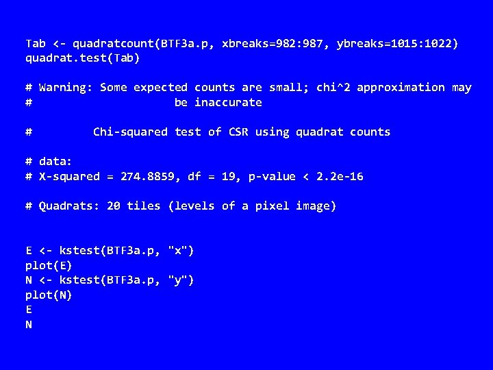 Tab <- quadratcount(BTF 3 a. p, xbreaks=982: 987, ybreaks=1015: 1022) quadrat. test(Tab) # Warning: