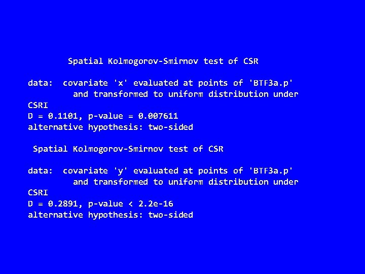 Spatial Kolmogorov-Smirnov test of CSR data: covariate 'x' evaluated at points of 'BTF 3