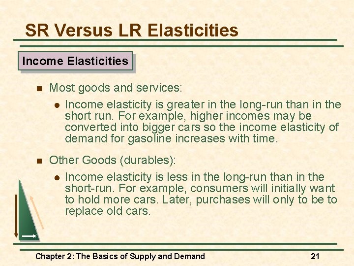 SR Versus LR Elasticities Income Elasticities n Most goods and services: l Income elasticity