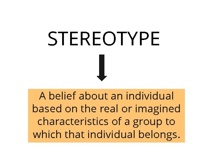 STEREOTYPE A belief about an individual based on the real or imagined characteristics of