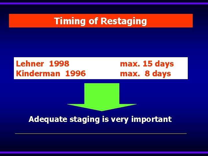 Timing of Restaging Lehner 1998 Kinderman 1996 max. 15 days max. 8 days Adequate