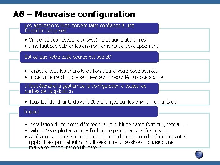 A 6 – Mauvaise configuration Les applications Web doivent faire confiance à une fondation