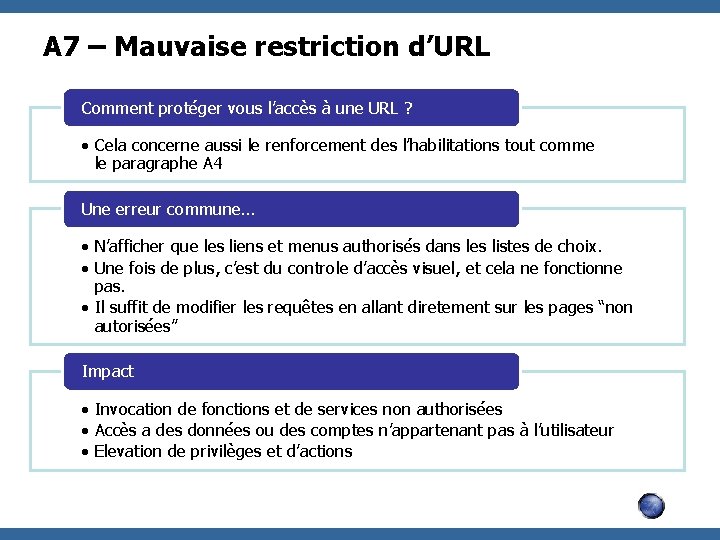 A 7 – Mauvaise restriction d’URL Comment protéger vous l’accès à une URL ?