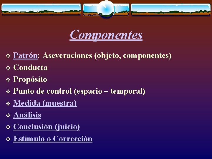 Componentes Patrón: Aseveraciones (objeto, componentes) v Conducta v Propósito v Punto de control (espacio