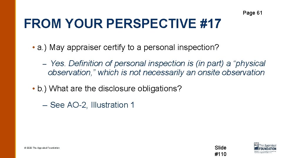 Page 61 FROM YOUR PERSPECTIVE #17 • a. ) May appraiser certify to a