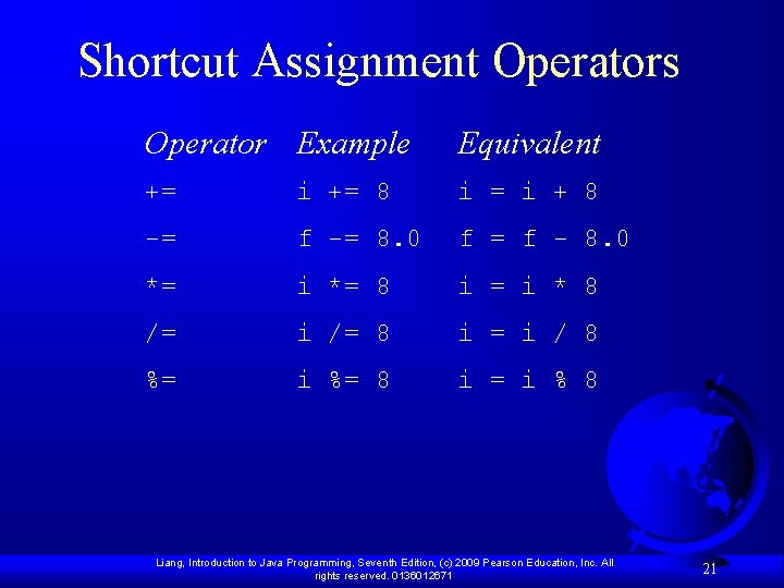 Shortcut Assignment Operators Operator Example Equivalent += i += 8 i = i +
