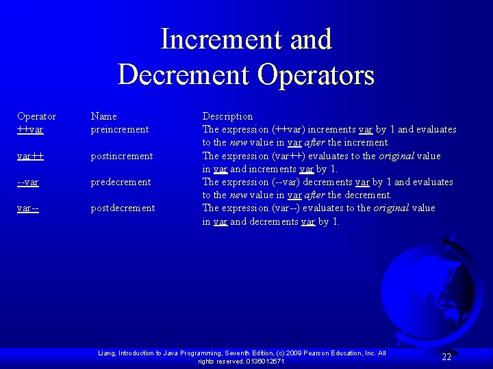 Increment and Decrement Operators Operator ++var Name preincrement var++ postincrement --var predecrement var-- postdecrement