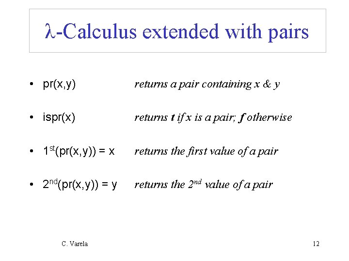 λ-Calculus extended with pairs • pr(x, y) returns a pair containing x & y