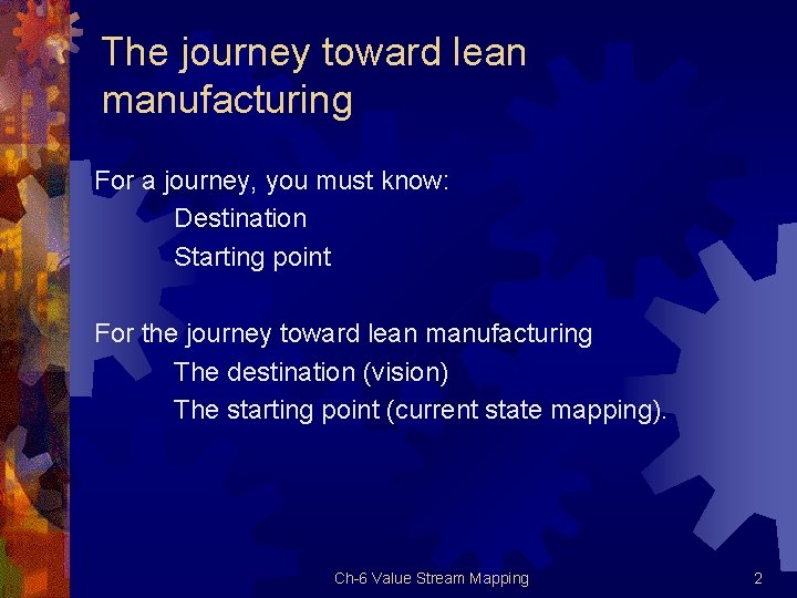 The journey toward lean manufacturing For a journey, you must know: Destination Starting point