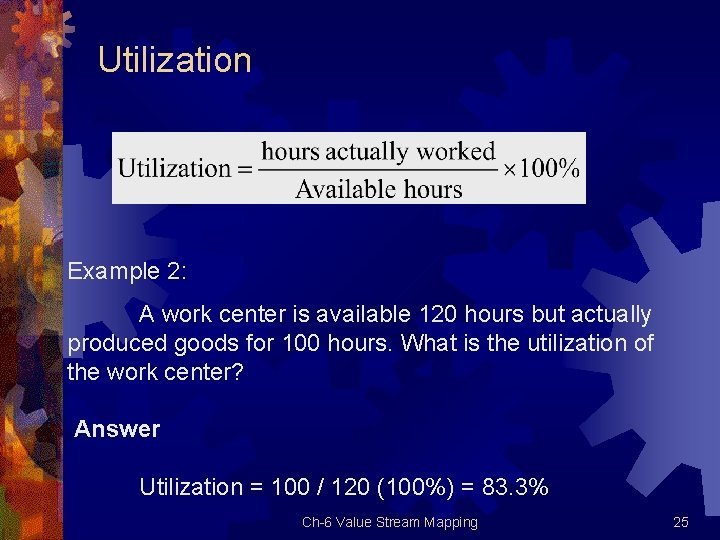 Utilization Example 2: A work center is available 120 hours but actually produced goods