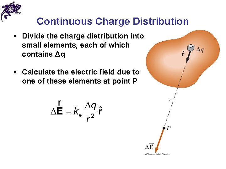Continuous Charge Distribution • Divide the charge distribution into small elements, each of which