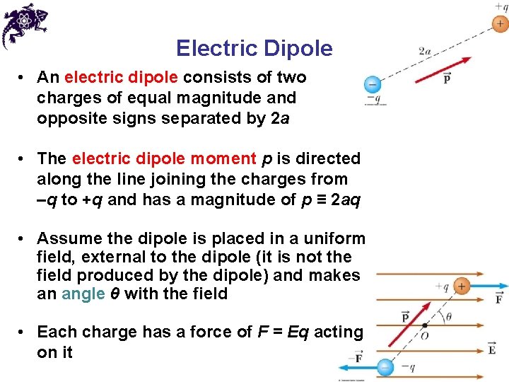 Electric Dipole • An electric dipole consists of two charges of equal magnitude and