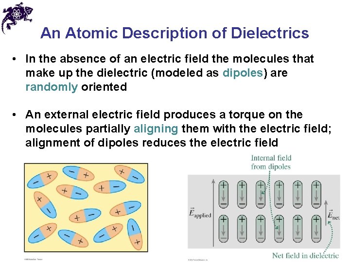 An Atomic Description of Dielectrics • In the absence of an electric field the