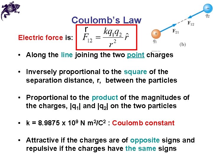 Coulomb’s Law Electric force is: • Along the line joining the two point charges