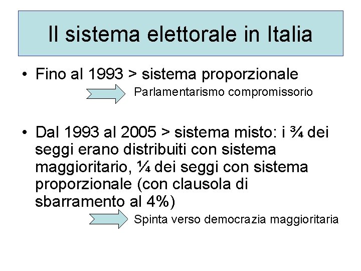 Il sistema elettorale in Italia • Fino al 1993 > sistema proporzionale Parlamentarismo compromissorio