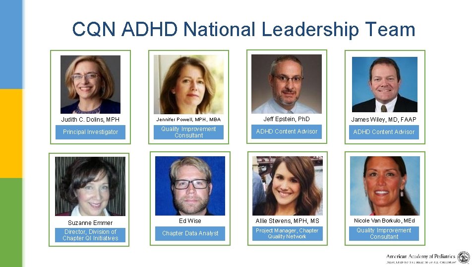 CQN ADHD National Leadership Team Judith C. Dolins, MPH Jennifer Powell, MPH, MBA Jeff