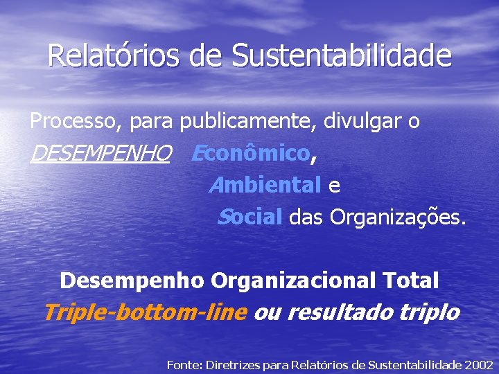 Relatórios de Sustentabilidade Processo, para publicamente, divulgar o DESEMPENHO Econômico, Ambiental e Social das