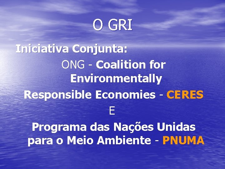 O GRI Iniciativa Conjunta: ONG - Coalition for Environmentally Responsible Economies - CERES E