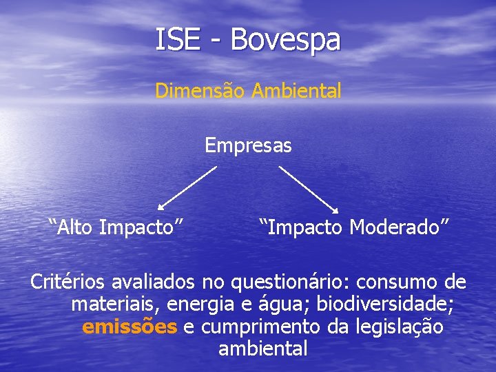 ISE - Bovespa Dimensão Ambiental Empresas “Alto Impacto” “Impacto Moderado” Critérios avaliados no questionário: