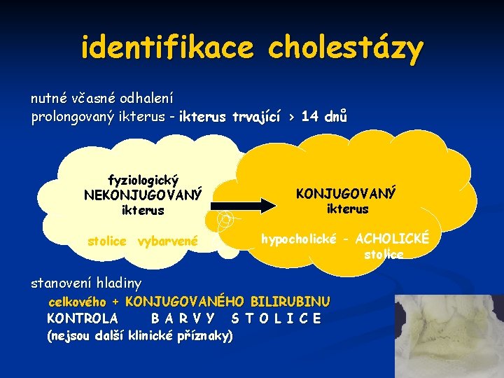 identifikace cholestázy nutné včasné odhalení prolongovaný ikterus - ikterus trvající > 14 dnů fyziologický