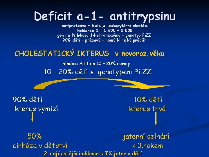 Deficit a-1 - antitrypsinu antiproteáza – blokuje leukocytární elastázu incidence 1 : 1 600