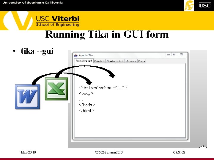 Running Tika in GUI form • tika --gui <html xmlns: html=“…”> <body> … </body>