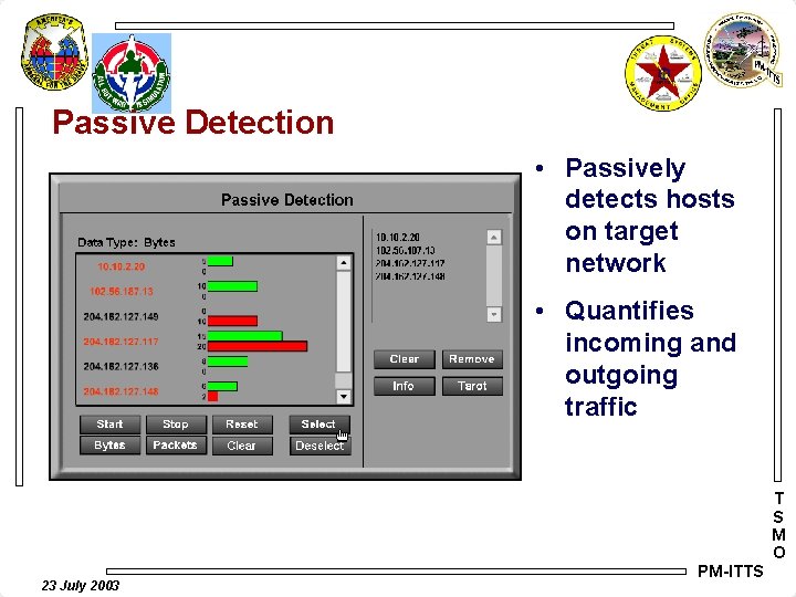 Passive Detection • Passively detects hosts on target network • Quantifies incoming and outgoing