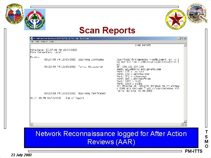 Scan Reports Network Reconnaissance logged for After Action Reviews (AAR) 23 July 2003 PM-ITTS