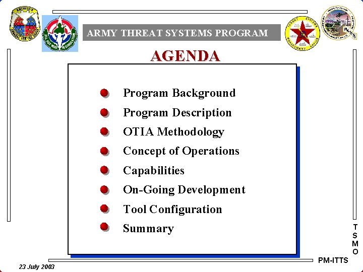 ARMY THREAT SYSTEMS PROGRAM AGENDA Program Background Program Description OTIA Methodology Concept of Operations