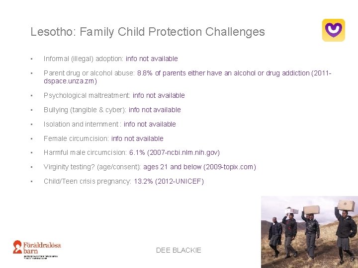 Lesotho: Family Child Protection Challenges • Informal (illegal) adoption: info not available • Parent