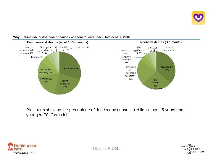 Pie charts showing the percentage of deaths and causes in children ages 5 years