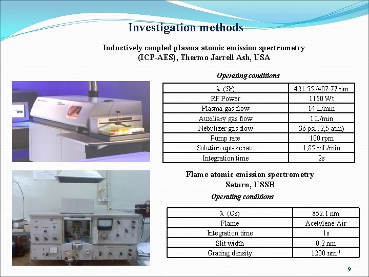 Investigation methods Inductively coupled plasma atomic emission spectrometry (ICP-AES), Thermo Jarrell Ash, USA Operating