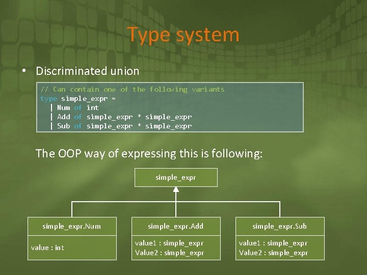 Type system • Discriminated union // Can contain one of the following variants type