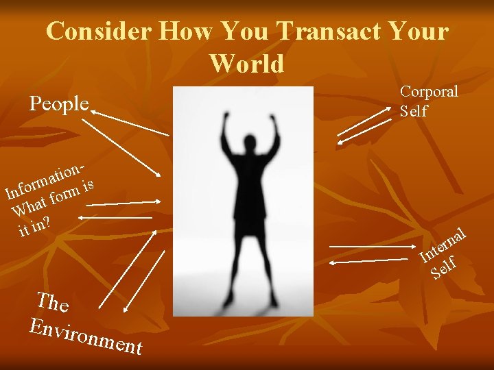 Consider How You Transact Your World Corporal Self People n o i at is