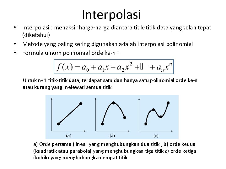 Interpolasi • Interpolasi : menaksir harga-harga diantara titik-titik data yang telah tepat (diketahui) •