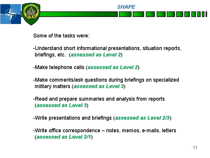 SHAPE Personnel Some of the tasks were: -Understand short informational presentations, situation reports, briefings,