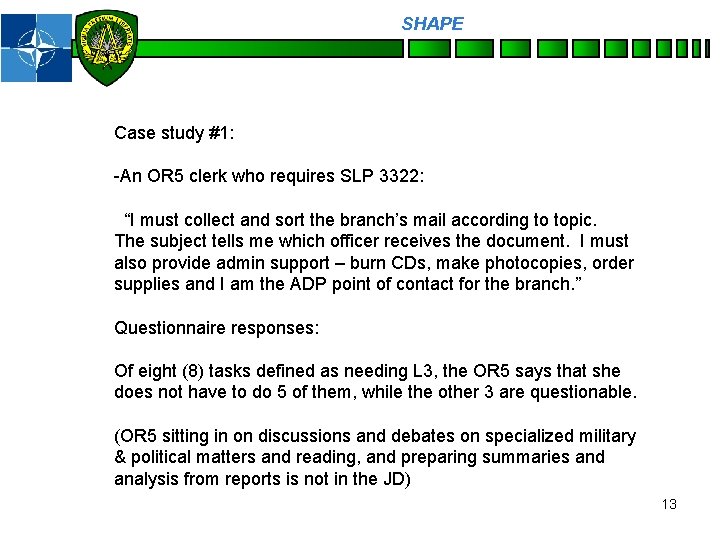 SHAPE Personnel Case study #1: -An OR 5 clerk who requires SLP 3322: “I