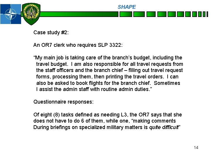 SHAPE Personnel Case study #2: An OR 7 clerk who requires SLP 3322: “My