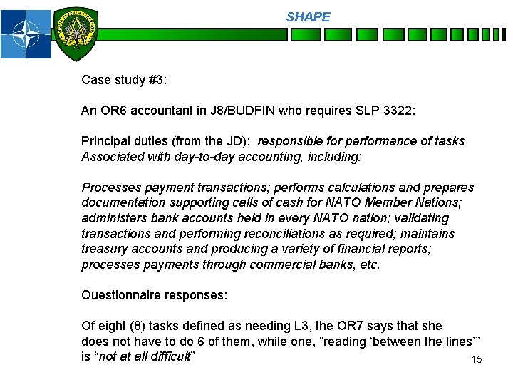 SHAPE Personnel Case study #3: An OR 6 accountant in J 8/BUDFIN who requires