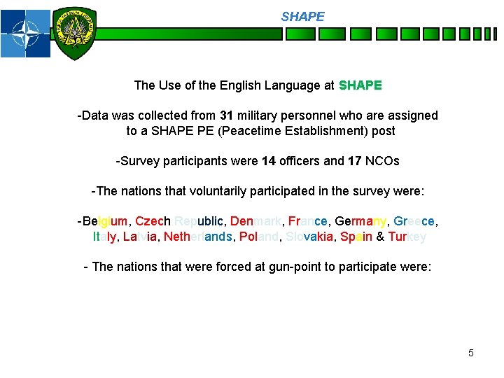 SHAPE Personnel The Use of the English Language at SHAPE -Data was collected from