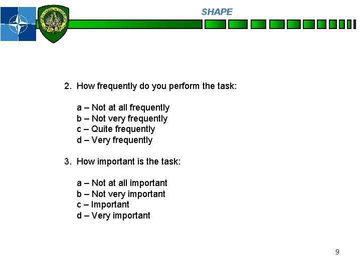 SHAPE Personnel 2. How frequently do you perform the task: a – Not at