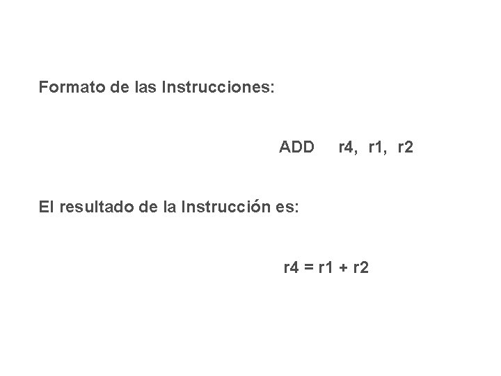 Formato de las Instrucciones: ADD r 4, r 1, r 2 El resultado de Formato de las Instrucciones: ADD r 4, r 1, r 2 El resultado de
