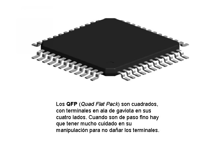 Los QFP (Quad Flat Pack) son cuadrados, con terminales en ala de gaviota en Los QFP (Quad Flat Pack) son cuadrados, con terminales en ala de gaviota en