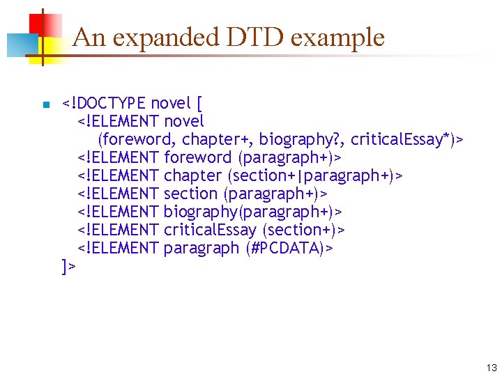 An expanded DTD example n <!DOCTYPE novel [ <!ELEMENT novel (foreword, chapter+, biography? ,