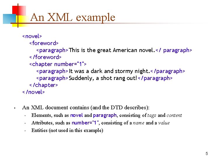 An XML example <novel> <foreword> <paragraph>This is the great American novel. </ paragraph> </foreword>