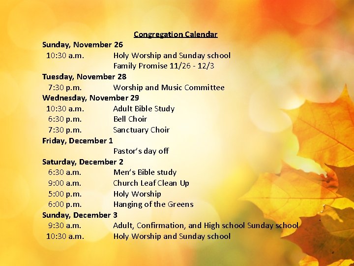  Congregation Calendar Sunday, November 26 10: 30 a. m. Holy Worship and Sunday